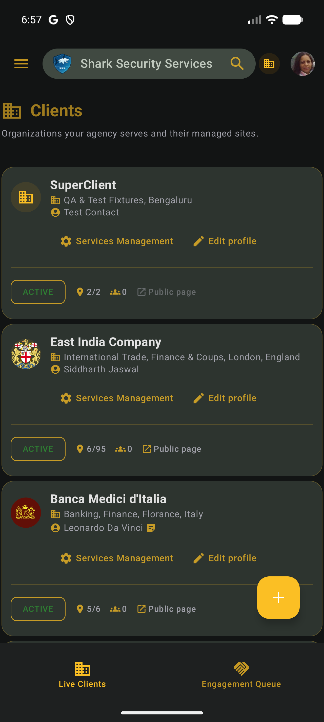 SECURIT mobile app showing the client directory
