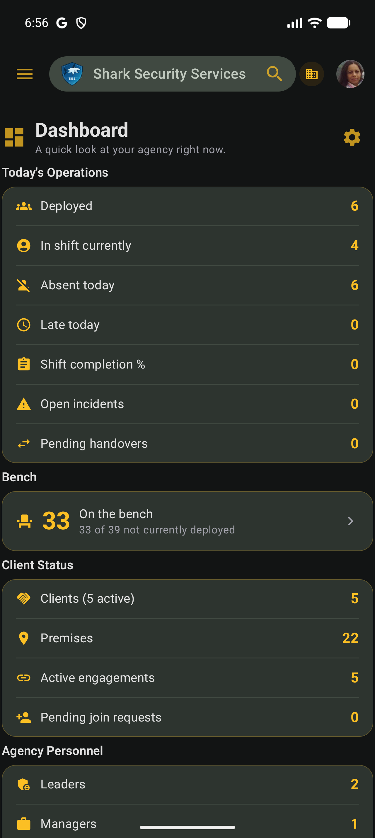 SECURIT mobile app showing the agency dashboard