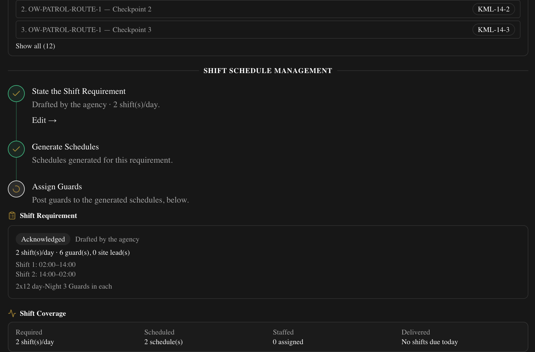 SECURIT WebUI showing shift schedule management